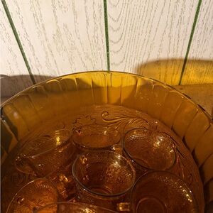 Tiara Vintage Indiana Glass Amber Pressed Glass Punch Bowl with Matching Cups